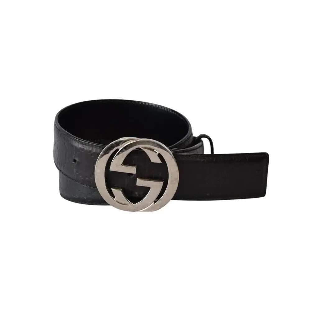 Gucci GG Monogram Black Leather Belt Silver Buckle Italy